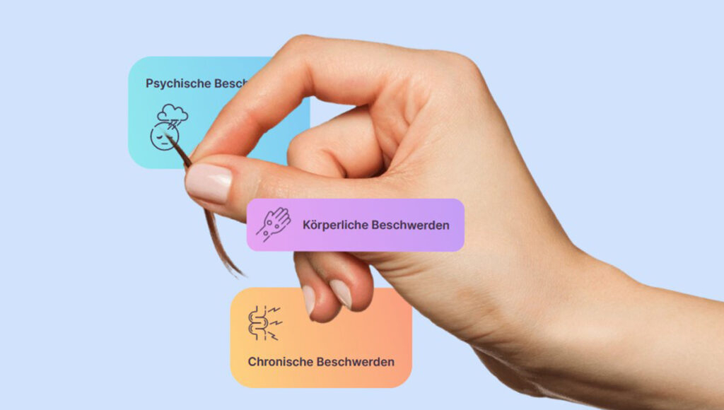 eine hand die haare mit drei farbigen kästchen hält die verschiedene arten von beschwerden darstellen: „psychische beschwerden“ „körperliche beschwerden“ und „chronische beschwerden“ dieses setup fühlt sich wie ein automatisch gespeicherter entwurf an