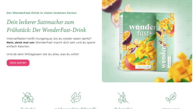 verpackung des wonderfast mango smoothies auf grünem hintergrund mit mangoscheiben der text hebt die vorteile hervor: zuckerfrei wichtige nährstoffe kalorienarm vegan – all das gute das dahinter steckt „jetzt bestellen“ button in rot