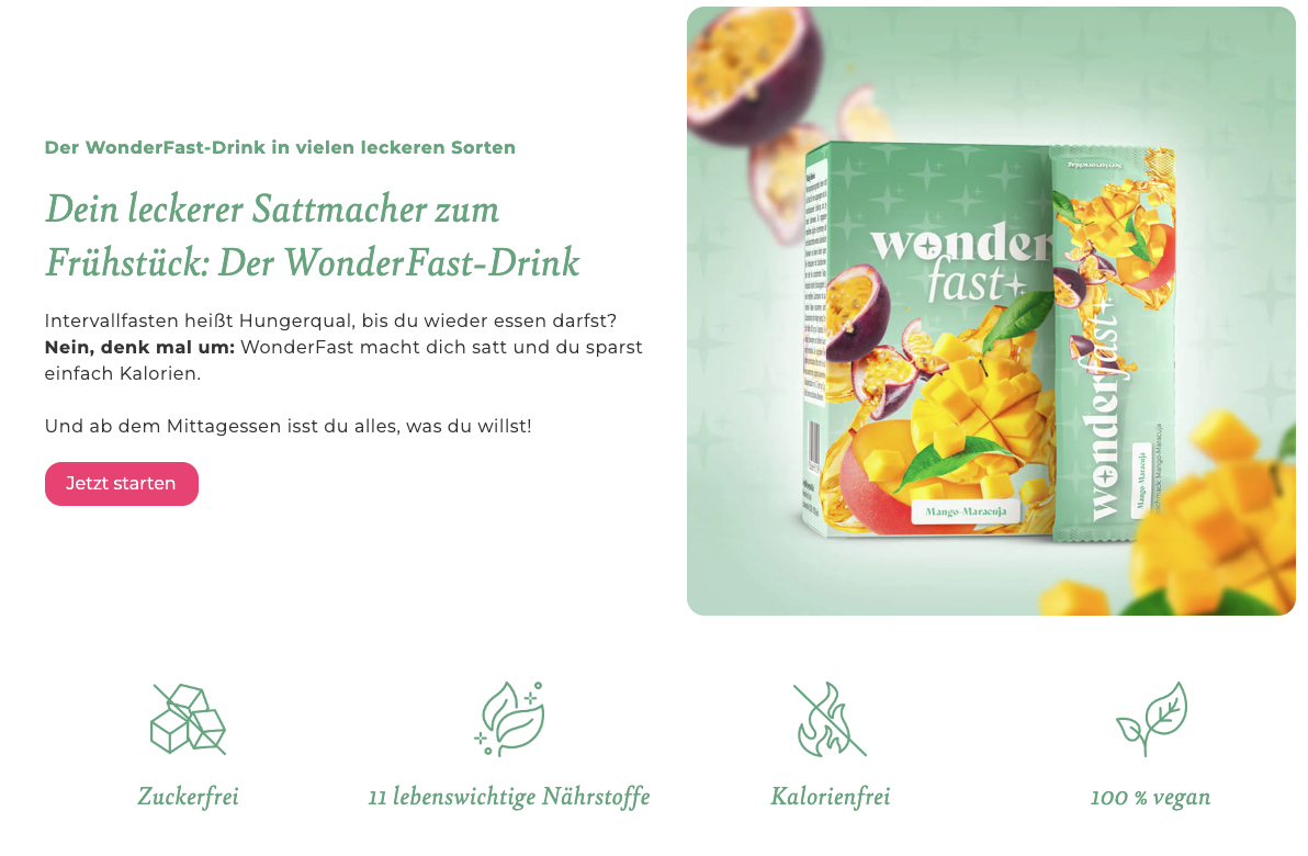 verpackung des wonderfast mango smoothies auf grünem hintergrund mit mangoscheiben der text hebt die vorteile hervor: zuckerfrei wichtige nährstoffe kalorienarm vegan – all das gute das dahinter steckt „jetzt bestellen“ button in rot