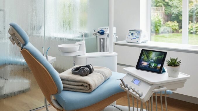 ein modernes zahnarztzimmer mit einem blauen behandlungsstuhl kopfhörern einer gefalteten decke einem tablet und zahnmedizinischen geräten an einem großen fenster