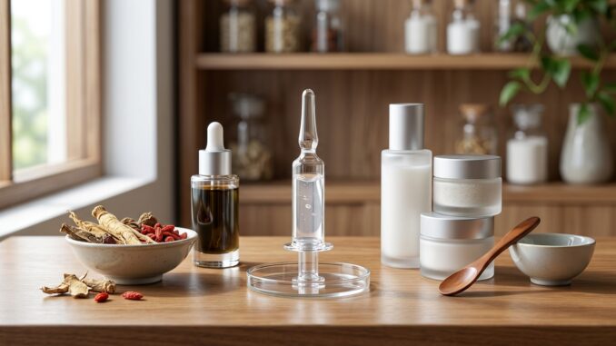 eine vielzahl von hautpflegeprodukten glasbehältern und natürlichen inhaltsstoffen sind auf einer holztheke mit regalen mit tiegeln im hintergrund angeordnet