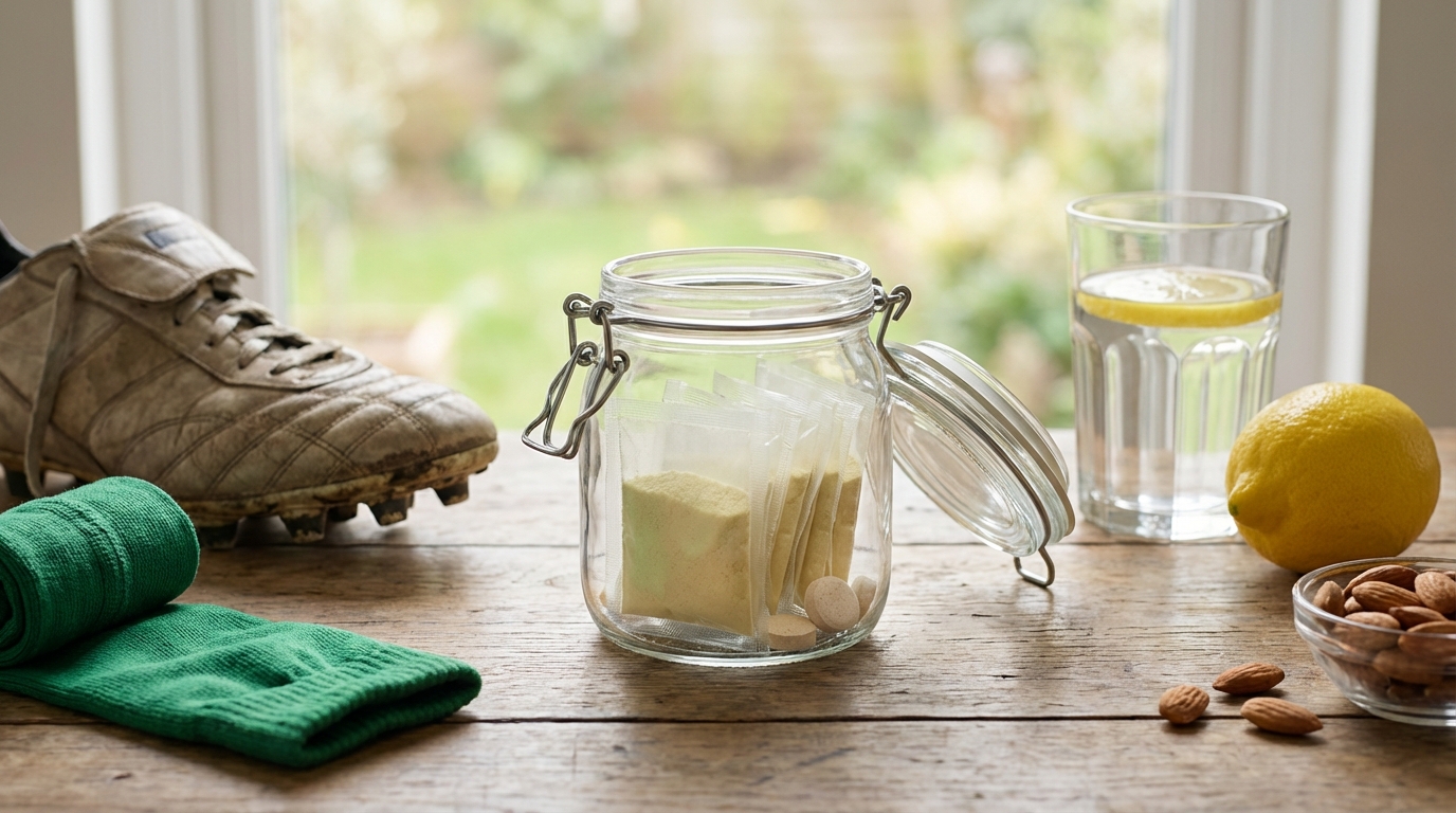 auf einem holztisch steht ein glas mit eiweißpulverbeuteln und tabletten daneben eine zitrone ein glas wasser mit zitrone mandeln ein grünes handtuch und ein abgenutzter fußballschuh