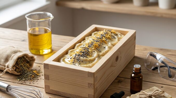 eine mit handgemachter seife gefüllte holzform steht auf einem tisch umgeben von seifenzutaten Öl kräutern einem schneebesen einer schutzbrille und einem fertigen seifenstück