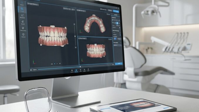 ein schreibtisch in einer zahnarztpraxis mit einem monitor auf dem d zahnscans eine durchsichtige zahnschiene ihr etui und ein tablet zu sehen sind mit zahnmedizinischen geräten im hintergrund