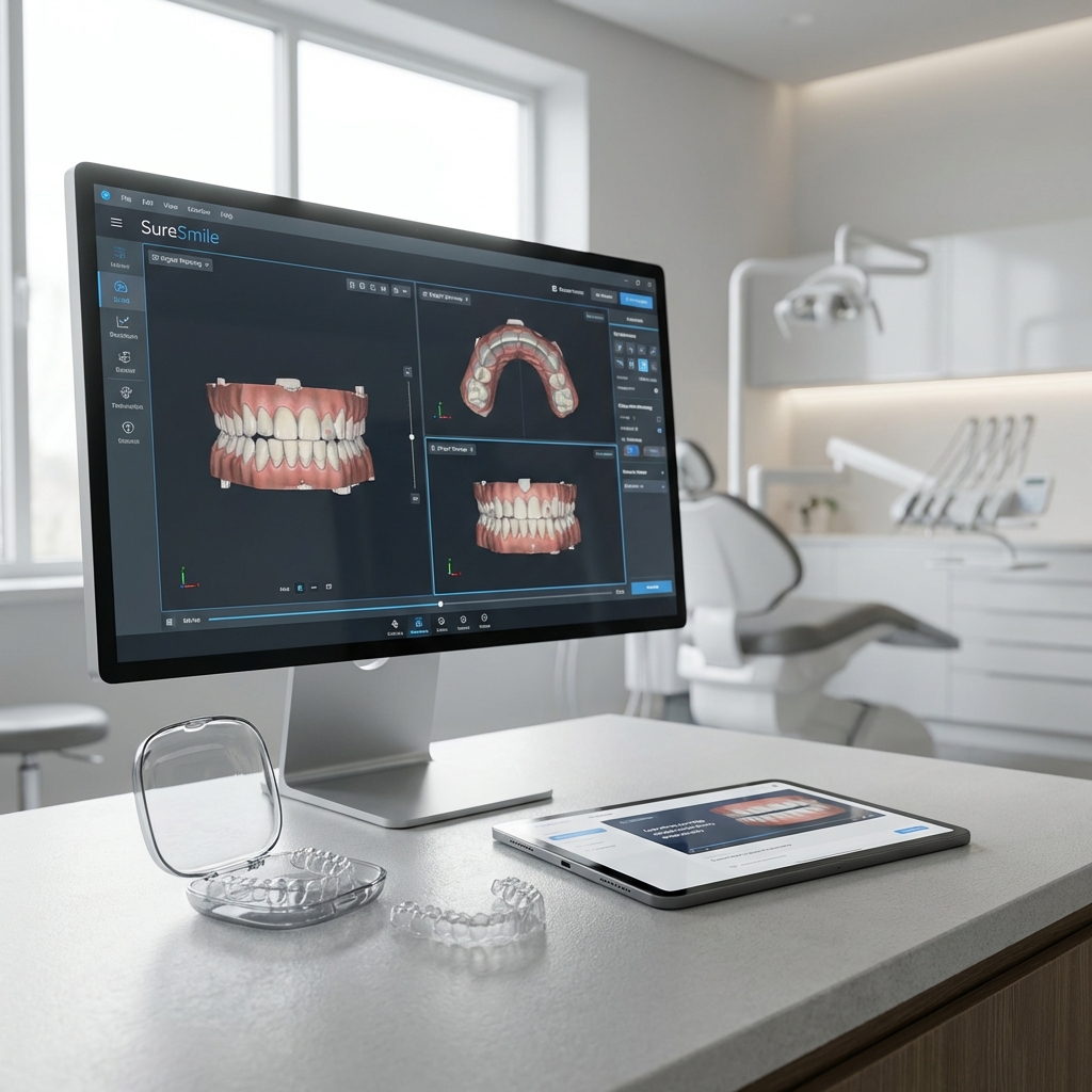 ein schreibtisch in einer zahnarztpraxis mit einem monitor auf dem d zahnscans eine durchsichtige zahnschiene ihr etui und ein tablet zu sehen sind mit zahnmedizinischen geräten im hintergrund