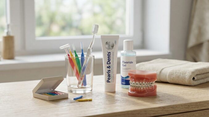 in einem glas befinden sich bunte zahnbürsten neben zahnpasta fluoridgel modellzähnen mit zahnspange zahnbürsten in einem etui und ein gefaltetes handtuch auf einer holzfläche am fenster