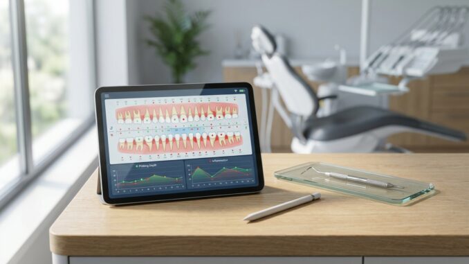 in einer modernen zahnarztpraxis steht auf dem schreibtisch neben einem stift und zahnärztlichen werkzeugen ein tablet mit einem zahnschema und grafiken