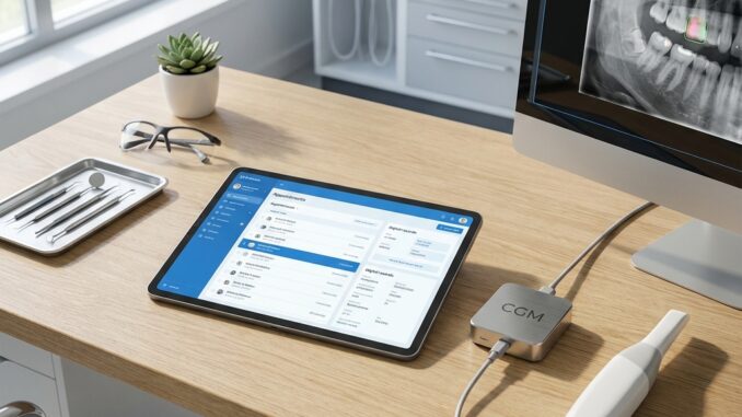auf dem schreibtisch einer zahnarztpraxis stehen ein tablet mit patientenakten zahnmedizinische instrumente ein digitaler scanner und ein monitor auf dem ein röntgenbild zu sehen ist