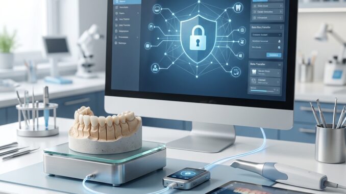 ein arbeitsplatz in einer zahnarztpraxis mit einem computer auf dem eine cybersicherheitsgrafik ein zahnmodell ein digitaler scanner und eine zahnarztsoftware mit d zahnbildern abgebildet sind