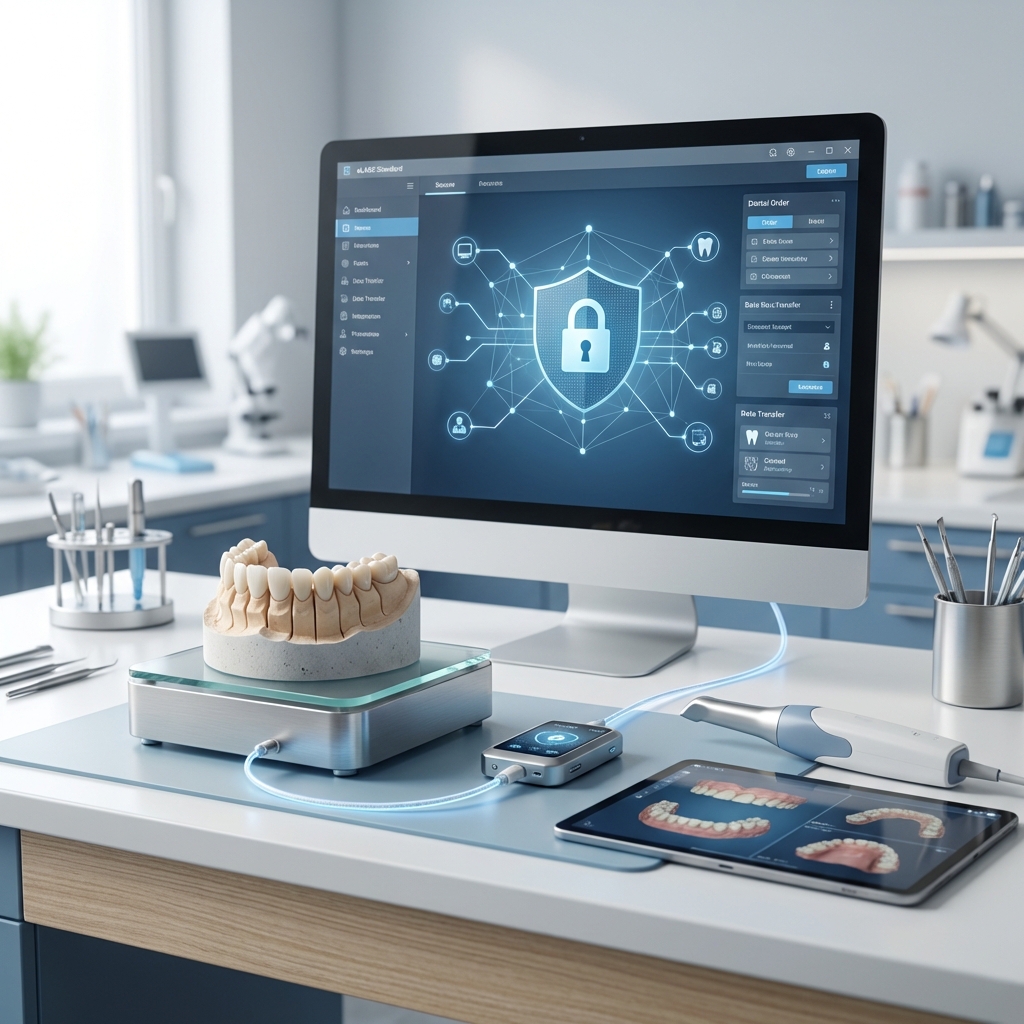 ein arbeitsplatz in einer zahnarztpraxis mit einem computer auf dem eine cybersicherheitsgrafik ein zahnmodell ein digitaler scanner und eine zahnarztsoftware mit d zahnbildern abgebildet sind