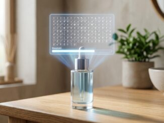 eine glastropfflasche auf einem holztisch gibt ein digitales hologramm ab das eine tastatur und das wort "schwelle" zeigt; im hintergrund steht eine grünpflanze