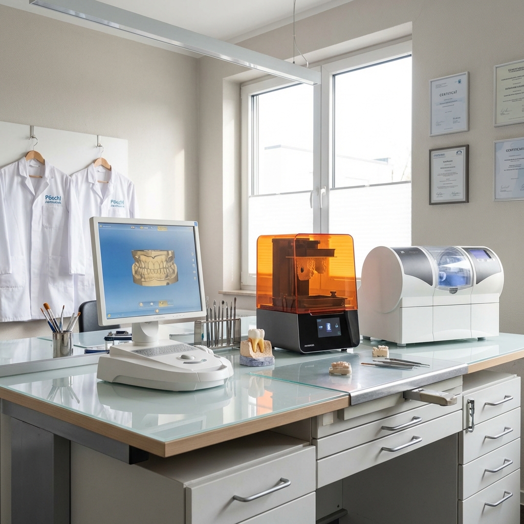 ein arbeitsbereich im dentallabor mit einem computer der ein d zahnmodell anzeigt einem d drucker einer fräsmaschine zahnmedizinischen werkzeugen und laborkitteln die an der wand hängen