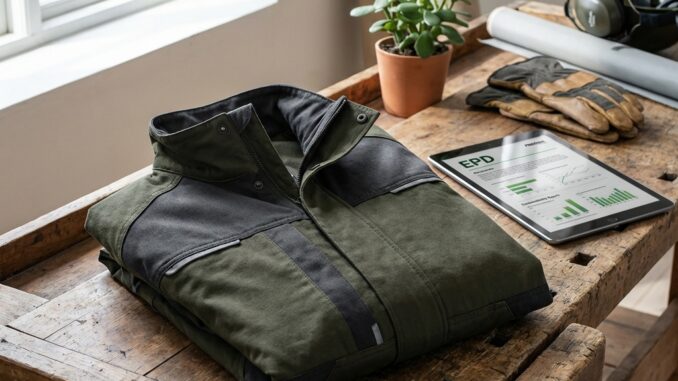 eine gefaltete grün schwarze jacke auf einem holztisch neben einer topfpflanze arbeitshandschuhe gehörschutz zusammengerollte papiere und ein tablet mit tabellen