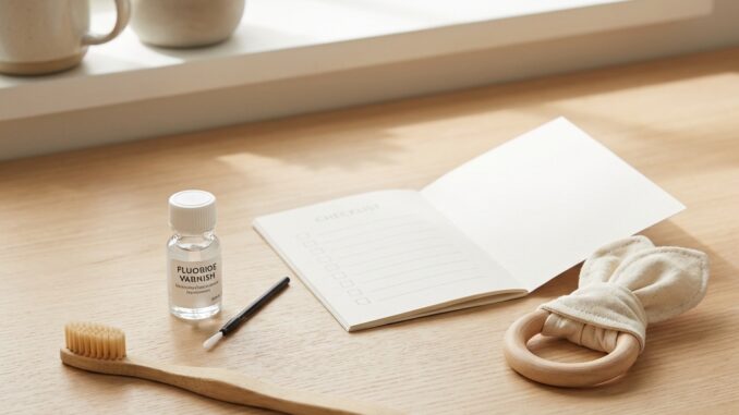 ein hölzerner schreibtisch mit einer zahnbürste einem fläschchen mit der aufschrift "fluoridlack" einem wattestäbchen einem beißring einem tuch einem aufgeschlagenen notizbuch einem becher und einer kleinen topfpflanze