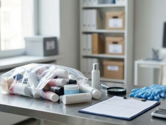 plastikbehälter in einem durchsichtigen beutel ein klemmbrett blaue handschuhe eine lupe und ein taschenrechner auf einem metalltisch in einem gut beleuchteten büro oder labor