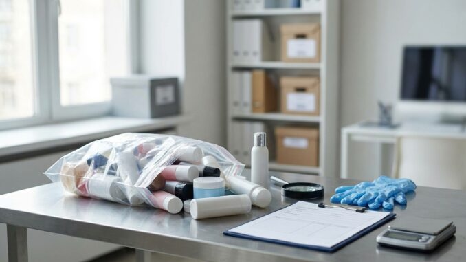 plastikbehälter in einem durchsichtigen beutel ein klemmbrett blaue handschuhe eine lupe und ein taschenrechner auf einem metalltisch in einem gut beleuchteten büro oder labor