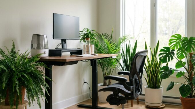 ein modernes heimbüro mit einem desktop computer einem ergonomischen stuhl und mehreren topfpflanzen in der nähe eines fensters mit tageslicht