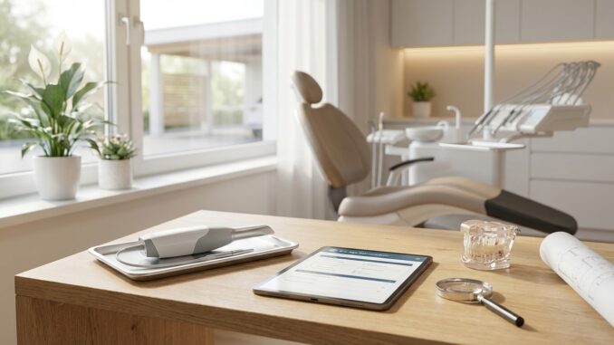 eine moderne zahnarztpraxis mit einem zahnarztstuhl geräten auf einem holztisch einem glas wasser einem tablet und einer topfpflanze in der nähe eines fensters