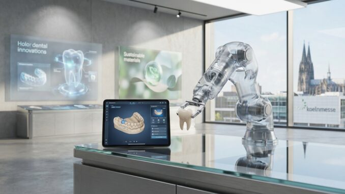 ein transparenter roboterarm hält eine zahnkrone neben einem tablet das zahnbilder in einem modernen büro mit digitalen bildschirmen und stadtansichten anzeigt