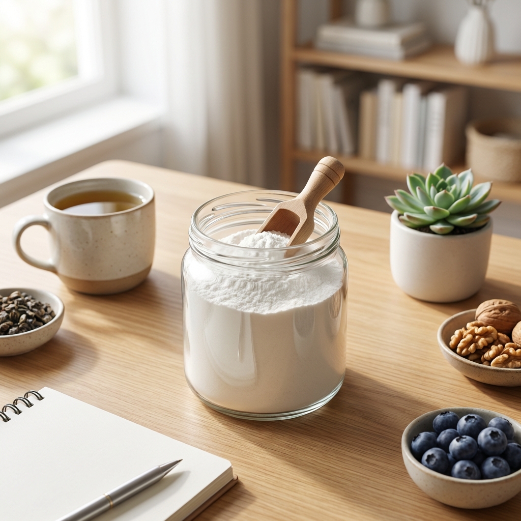 ein mit weißem pulver gefülltes glasgefäß und ein holzlöffel stehen auf einem tisch mit einer tasse tee einer sukkulente blaubeeren nüssen samen einem notizbuch und einem stift