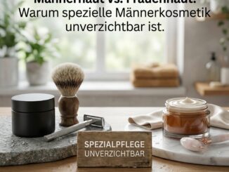 pflegeprodukte für männer ein rasierpinsel und ein cremetiegel stehen auf einem badezimmertisch mit einem text über die bedeutung einer speziellen hautpflege für männer