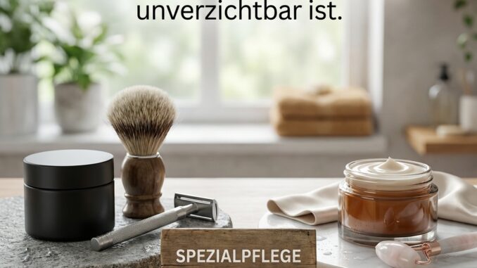 pflegeprodukte für männer ein rasierpinsel und ein cremetiegel stehen auf einem badezimmertisch mit einem text über die bedeutung einer speziellen hautpflege für männer