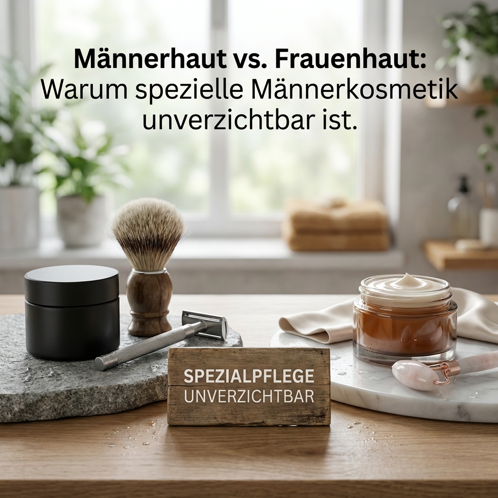 pflegeprodukte für männer ein rasierpinsel und ein cremetiegel stehen auf einem badezimmertisch mit einem text über die bedeutung einer speziellen hautpflege für männer