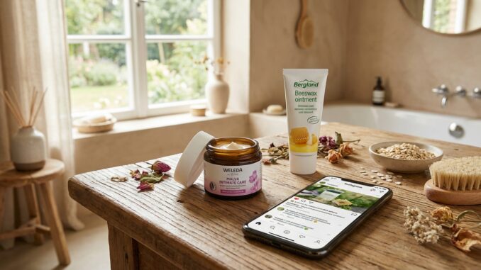 geöffneter tiegel mit weleda creme tube mit bergland bienenwachs salbe und smartphone auf einem holztisch in einem badezimmer mit badewanne und fenster im hintergrund