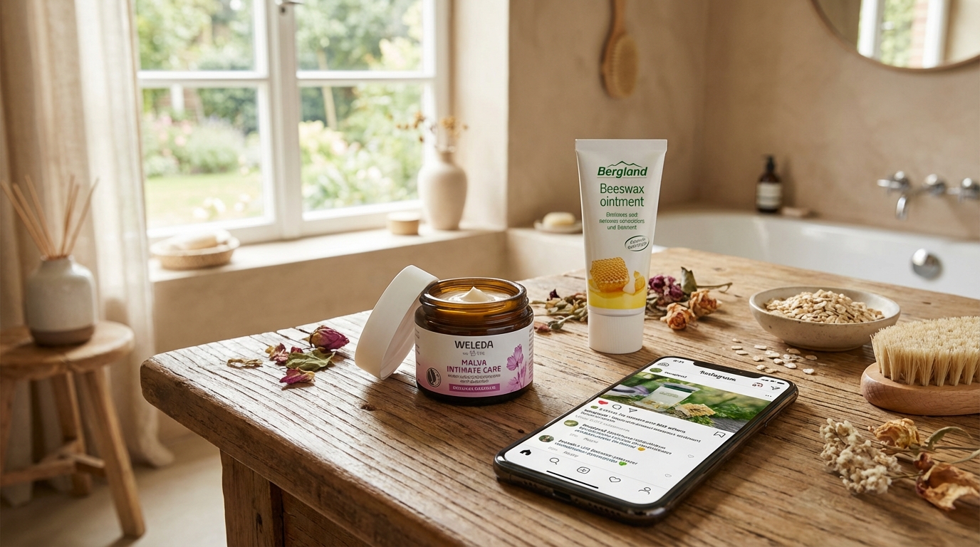 geöffneter tiegel mit weleda creme tube mit bergland bienenwachs salbe und smartphone auf einem holztisch in einem badezimmer mit badewanne und fenster im hintergrund
