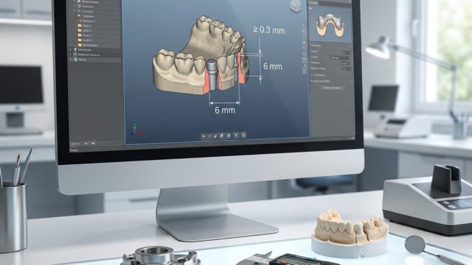 in einem modernen labor wird auf einem computerbildschirm eine software für die zahnmodellierung angezeigt; auf dem schreibtisch sind zahnmedizinische werkzeuge messschieber und eine zahnform angeordnet