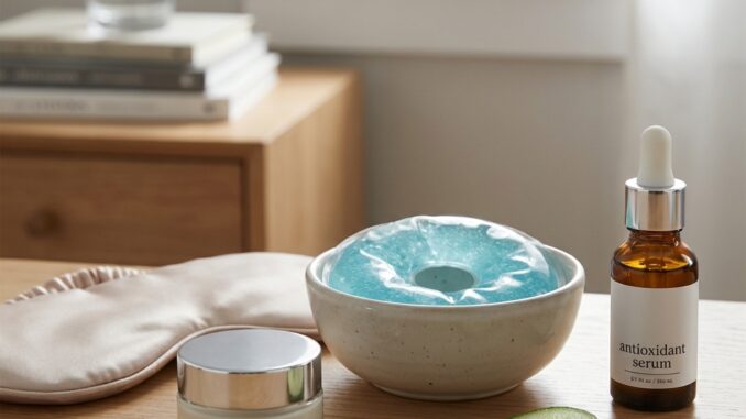 ein tiegel augencreme eine gel augenmaske in einer schale gurkenscheiben eine serumflasche und eine satin schlafmaske auf einem holztisch neben einem stapel bücher und einem glas wasser