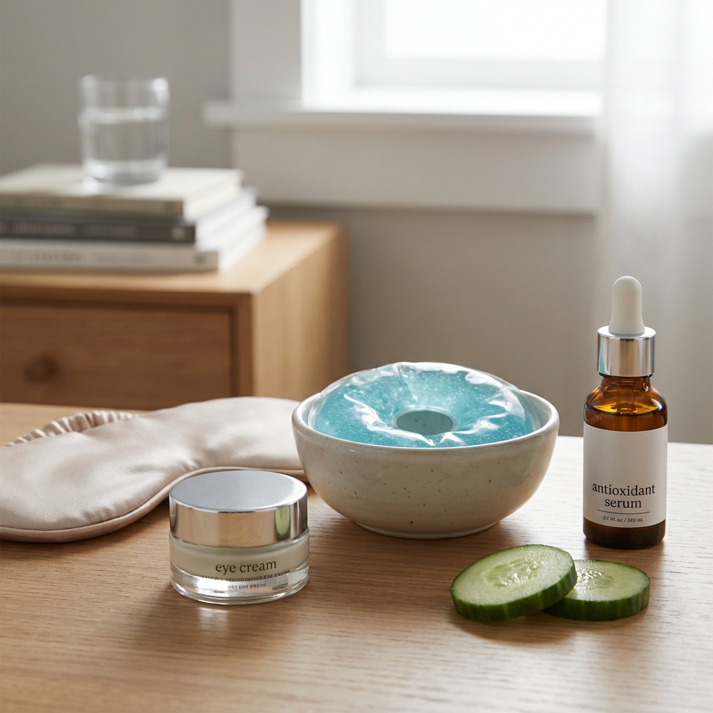ein tiegel augencreme eine gel augenmaske in einer schale gurkenscheiben eine serumflasche und eine satin schlafmaske auf einem holztisch neben einem stapel bücher und einem glas wasser