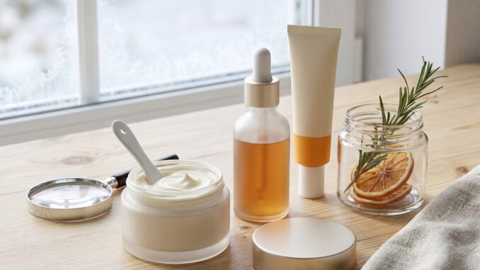 ein set von hautpflegeprodukten bestehend aus einem cremetiegel einer tropfflasche und einer tube daneben ein glas mit getrockneten orangenscheiben und rosmarin angeordnet auf einer holzfläche neben einem milchglasfenster