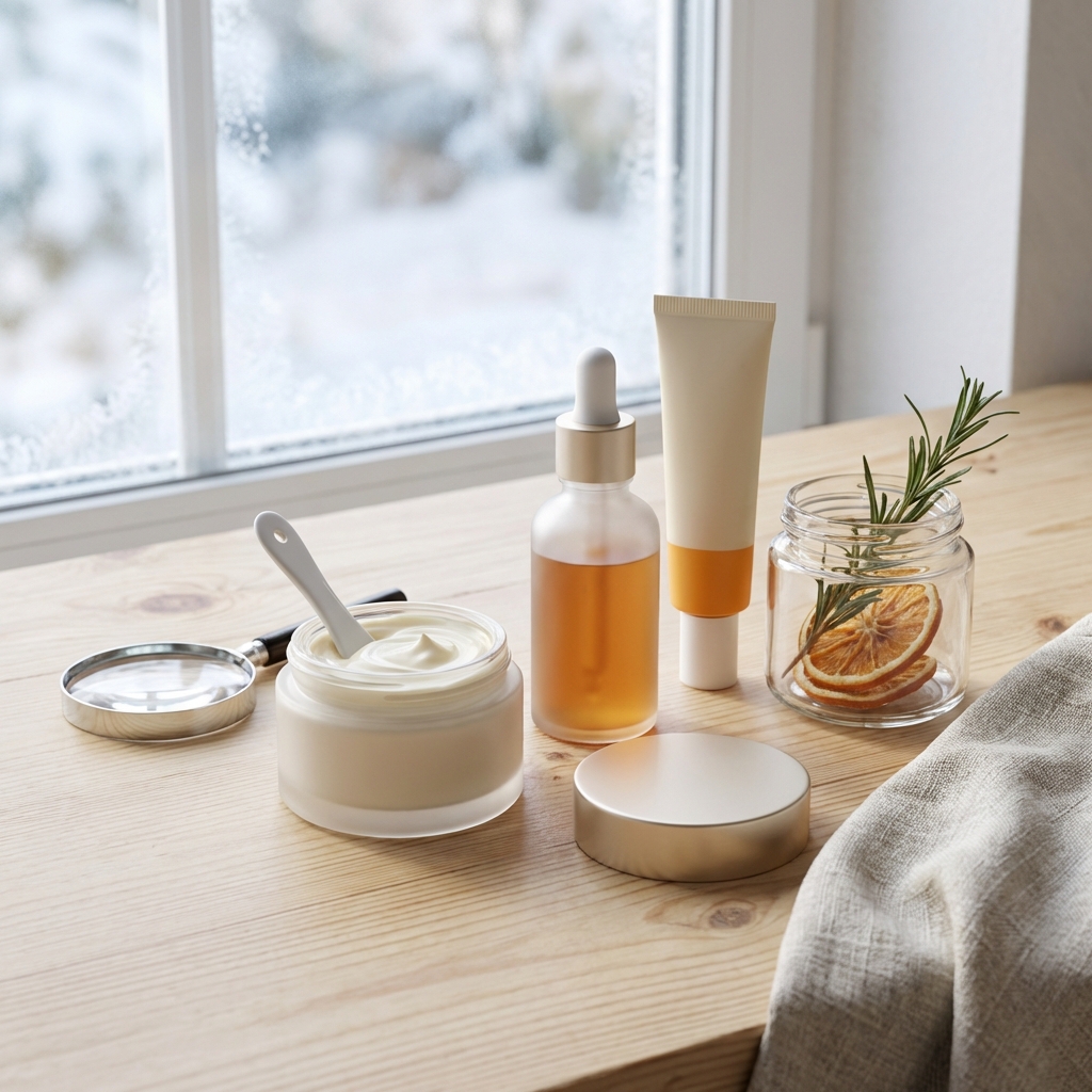 ein set von hautpflegeprodukten bestehend aus einem cremetiegel einer tropfflasche und einer tube daneben ein glas mit getrockneten orangenscheiben und rosmarin angeordnet auf einer holzfläche neben einem milchglasfenster
