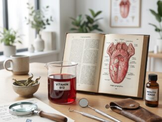 ein zahnmedizinischer studienaufbau mit einem aufgeschlagenen anatomiebuch das ein zungendiagramm zeigt einem becher mit der aufschrift "vitamin b " zahnmedizinischen werkzeugen einer mundspülflasche und einer lupe auf einem tisch