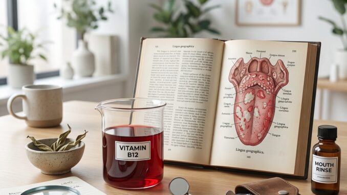 ein zahnmedizinischer studienaufbau mit einem aufgeschlagenen anatomiebuch das ein zungendiagramm zeigt einem becher mit der aufschrift "vitamin b " zahnmedizinischen werkzeugen einer mundspülflasche und einer lupe auf einem tisch