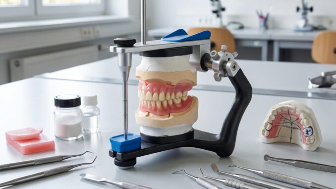 arbeitsplatz im dentallabor mit einem zahnmodell in einem artikulator zahnmedizinischen werkzeugen wachsblöcken und formen auf einem weißen tisch mit mikroskopen und regalen im hintergrund