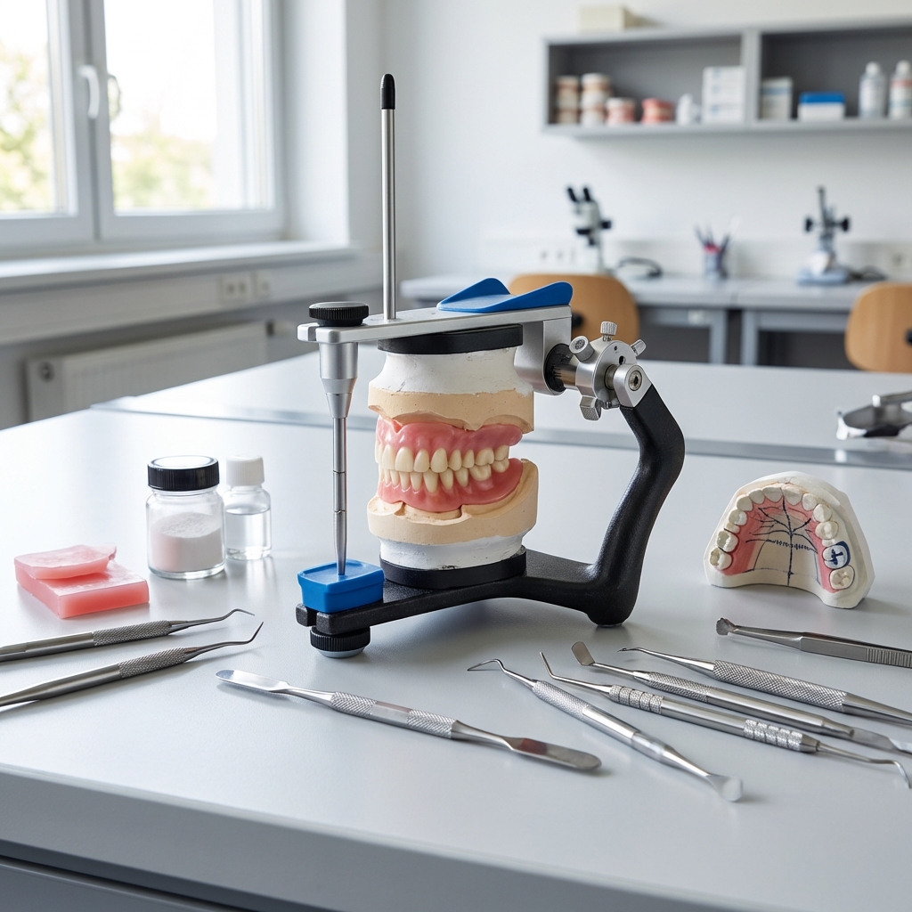 arbeitsplatz im dentallabor mit einem zahnmodell in einem artikulator zahnmedizinischen werkzeugen wachsblöcken und formen auf einem weißen tisch mit mikroskopen und regalen im hintergrund
