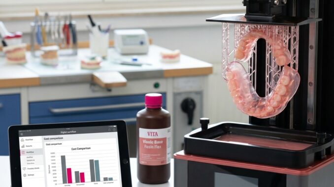 ein zahnmedizinischer d drucker druckt ein rosafarbenes zahnmodell während im hintergrund ein tablet mit einem balkendiagramm und einer flasche mit der aufschrift "vita vionic base resin pink" auf einem schreibtisch steht