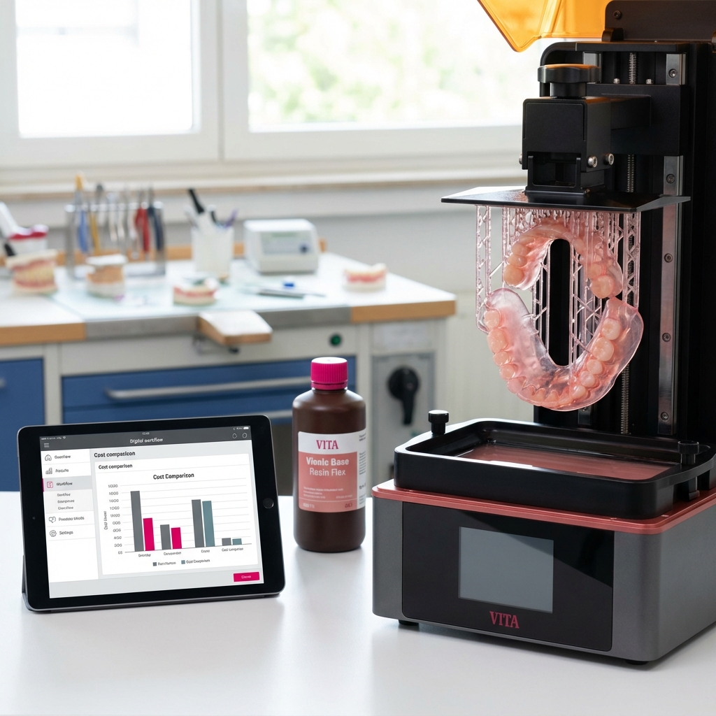 ein zahnmedizinischer d drucker druckt ein rosafarbenes zahnmodell während im hintergrund ein tablet mit einem balkendiagramm und einer flasche mit der aufschrift "vita vionic base resin pink" auf einem schreibtisch steht