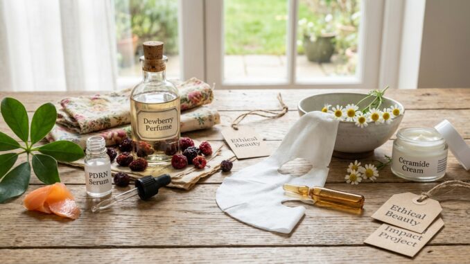 auf einem holztisch liegen hautpflegeprodukte parfüm ein serumtropfer eine gesichtsmaske trockenblumen keramik stoffe und schilder mit der aufschrift ethical beauty impact project" neben einem fenster