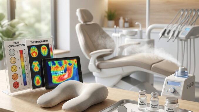 eine moderne zahnarztpraxis mit einem stuhl zahnärztlichen werkzeugen auf einem tablett kissen einer schmerztabelle thermographie bildern und einem gerät das dampf abgibt
