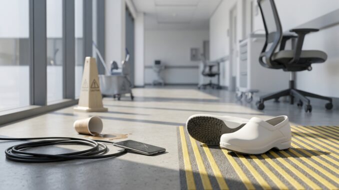 ein krankenhausflur mit umgekipptem kaffee einem warnhütchen einem losen kabel einem mobiltelefon und weißen clogs neben einer gestreiften warnmatte