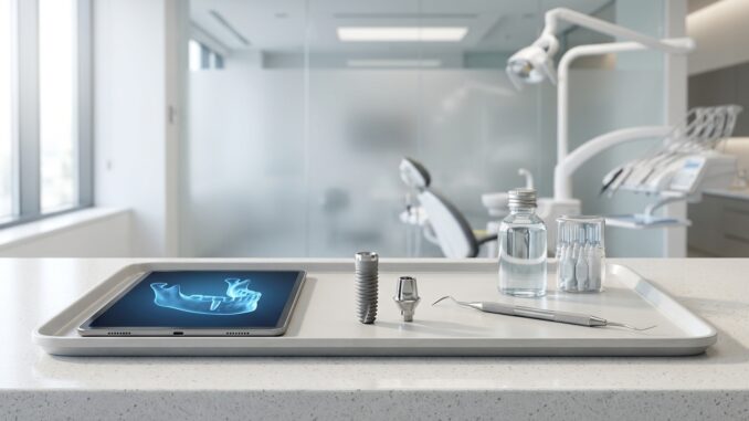 ein zahnärztliches tablett mit einem röntgenbild eines kiefers auf einem tablet zahnimplantate eine flasche mit flüssigkeit spritzen und zahnärztliche werkzeuge in einer modernen zahnklinik