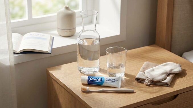 ein nachttisch mit einer wasserkaraffe einem glas einer tube oral b feuchtigkeitsgel für den mund einer zahnbürste einer stoffserviette einer schlafmaske und einem offenen buch am fenster