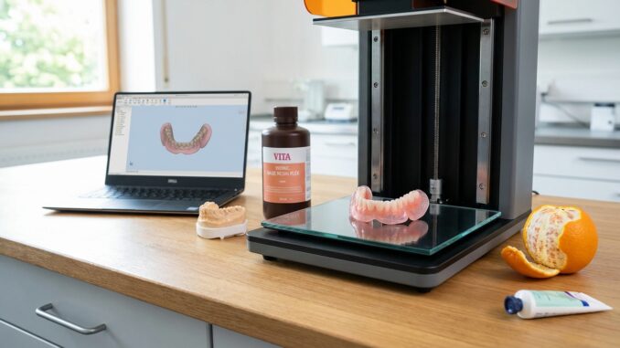 ein d drucker erstellt zahnmodelle neben einem laptop auf dem ein zahnscan eine flasche harz eine orangenschale und zahnpasta auf einer hölzernen arbeitsplatte in einer zahnarztpraxis angezeigt werden