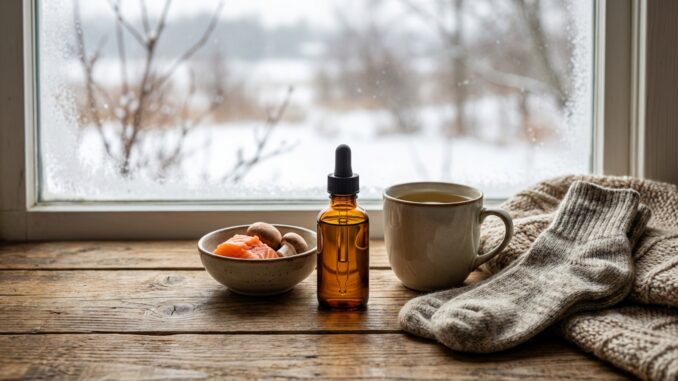 eine tropfflasche eine schale mit trockenfrüchten und nüssen ein becher und wollsocken auf einem holztisch vor einem verschneiten fenster