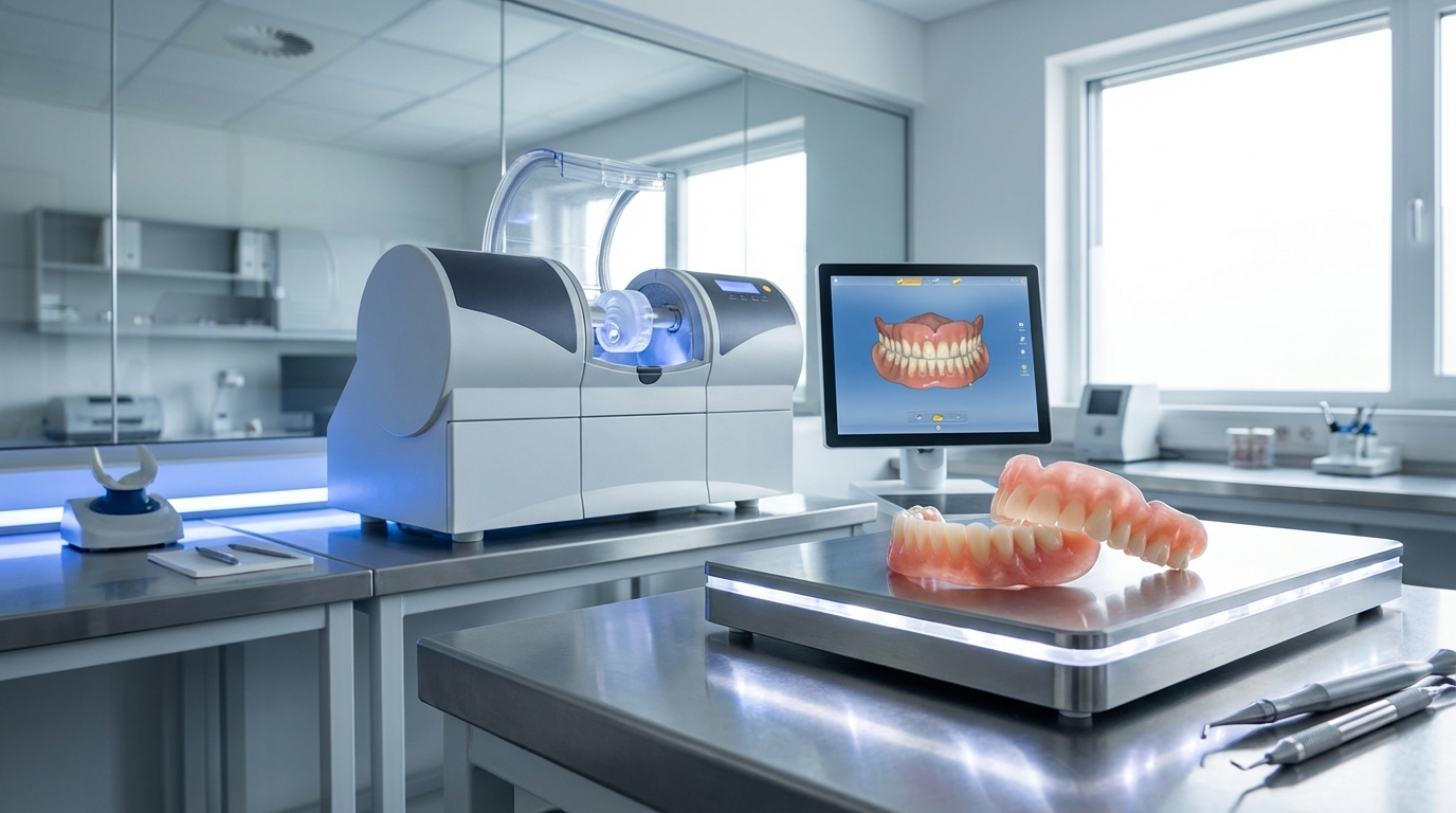 modernes dentallabor mit d drucker für prothesen computer mit prothesenentwurf und zwei prothesensätzen auf einem metalltablett umgeben von zahnmedizinischen werkzeugen und geräten