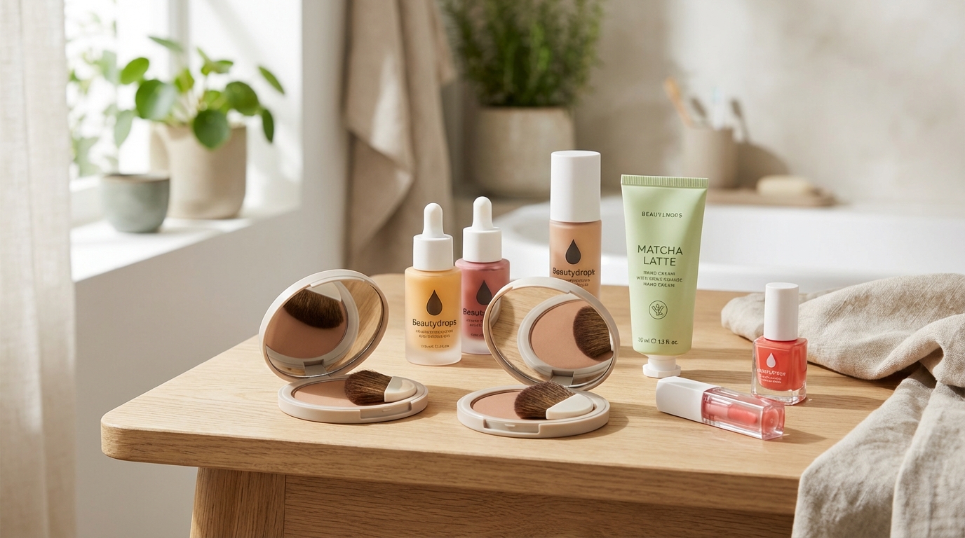 eine sammlung von make up produkten darunter puder flüssige grundierungen nagellack und hautpflegeprodukte ausgestellt auf einem holztisch in der nähe eines fensters mit pflanzen