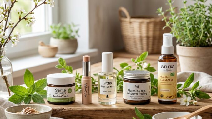 auf einem holztisch mit pflanzen und puderschalen in der nähe eines sonnendurchfluteten fensters ist eine auswahl an hautpflege und wellnessprodukten ausgestellt